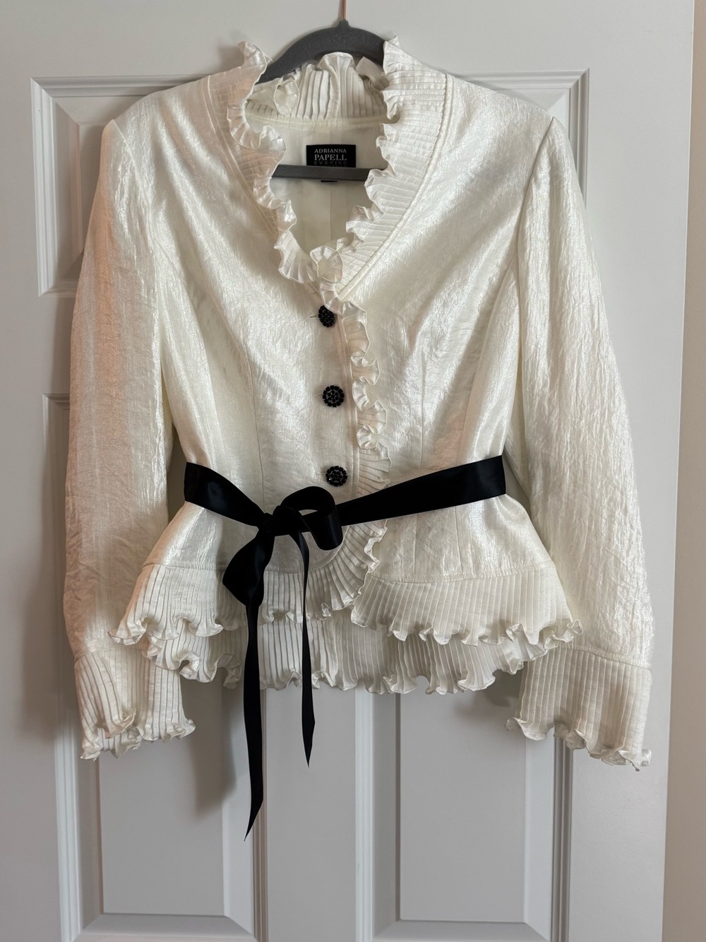 Adrianna Papell Ivory Ruffled Peplum Blouse with Black Ribbon 10